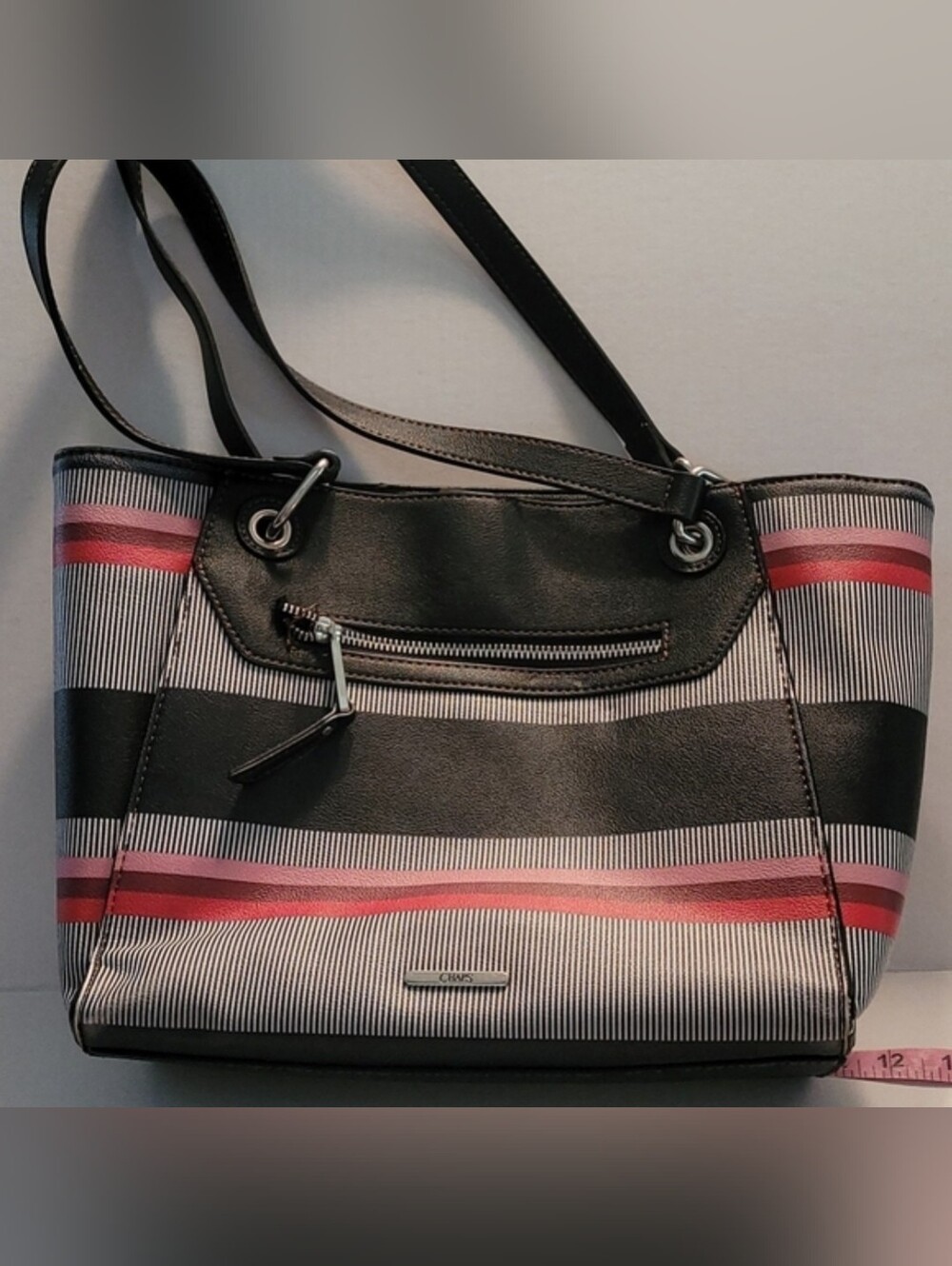 Chaps black red pink striped purse hand bag
